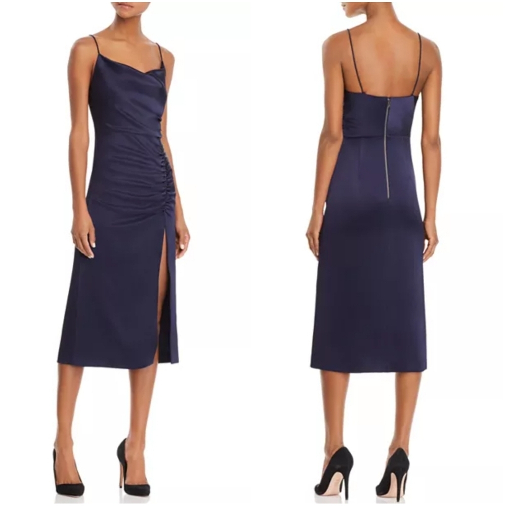 Alice + Olivia Dion Ruched Midi Slip Sun Dress Navy Blue 4 Sundress